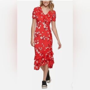 Karl Lagerfeld Paris Red Ruffeled Floral Maxi Dress Size 14 New With Tags